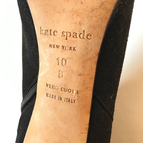 Kate Spade NY Suede Boots Booties Heels Womens 10 Black Side Zip Rear Gold Bow - Picture 9 of 10